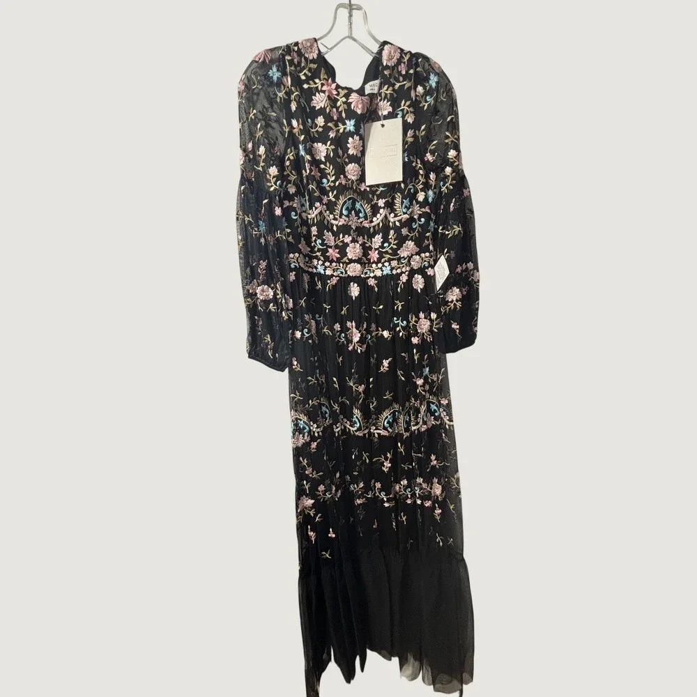 Mac‎ Duggal 35111 Black Floral Embroidered Mesh Maxi Gown Dress Size 8 NEW